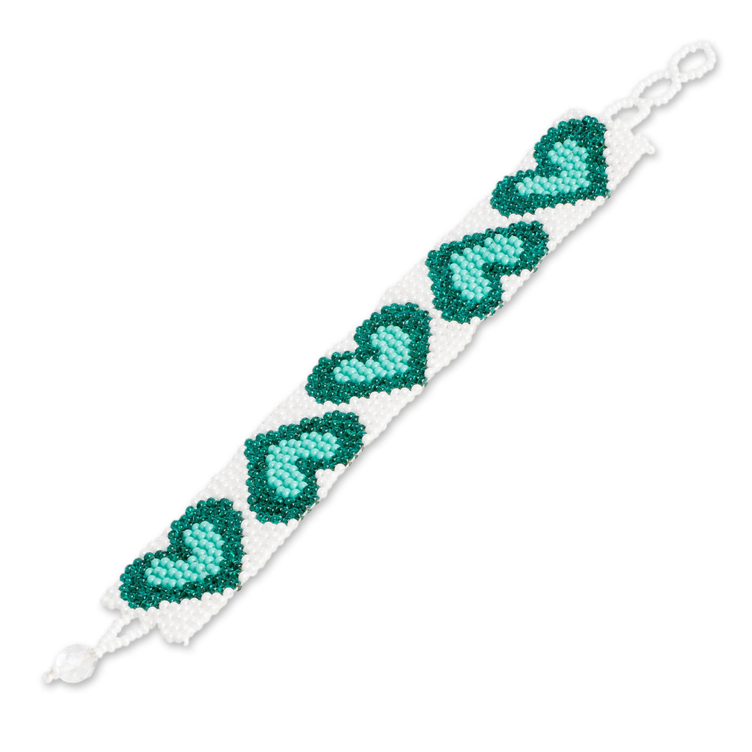 Adjustable Heart-Themed Beaded Bracelet in Aqua Teal White - Aqua Queen of Hearts