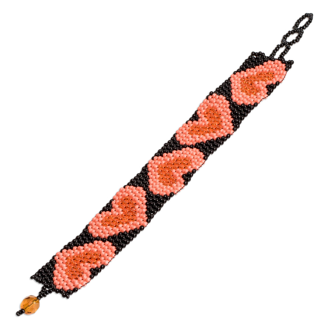 Handmade Black Pink Orange Beaded Heart Wristband Bracelet - Pink Queen of Hearts