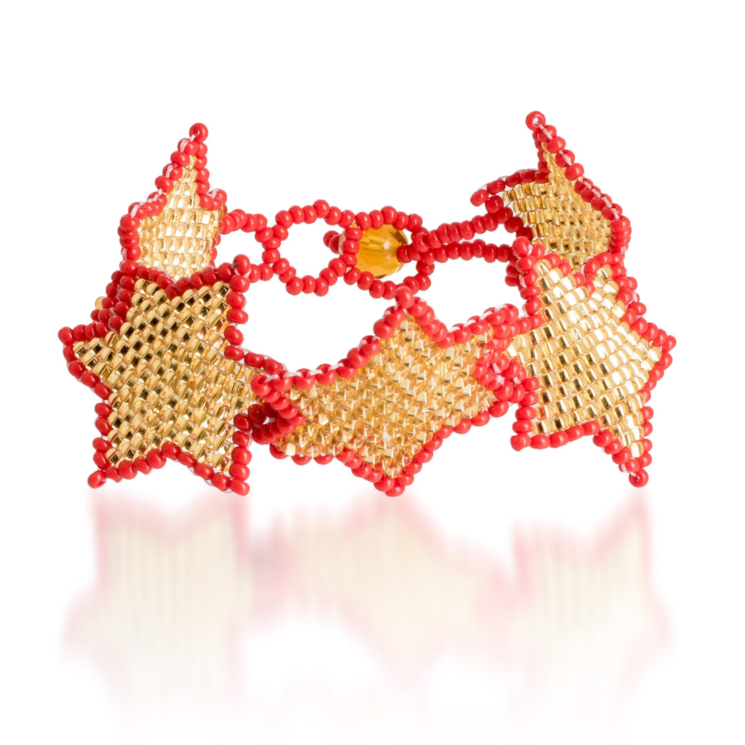Red and Golden-Hued Handmade Beaded Bracelet with Star Motif - Honey Starlight