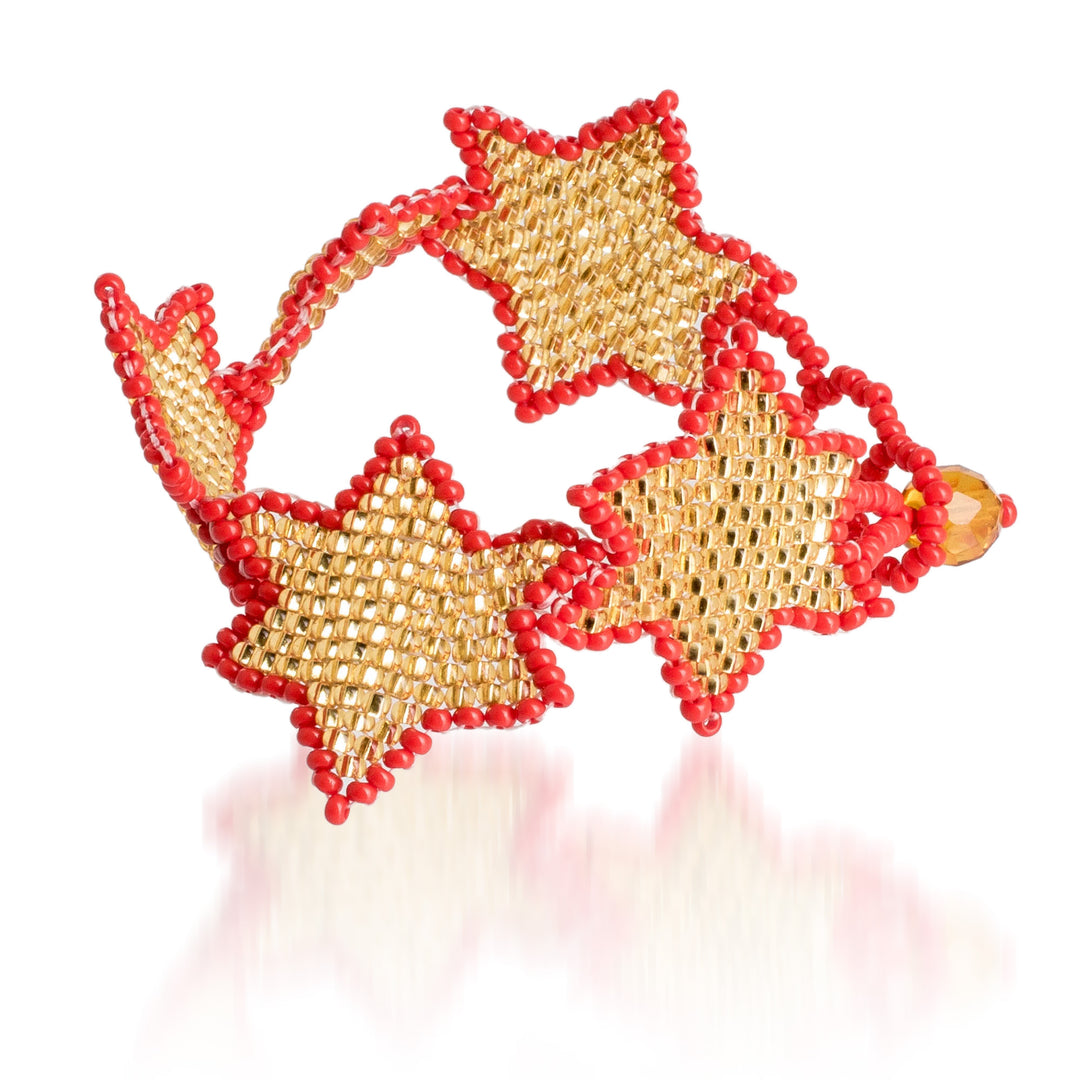 Red and Golden-Hued Handmade Beaded Bracelet with Star Motif - Honey Starlight