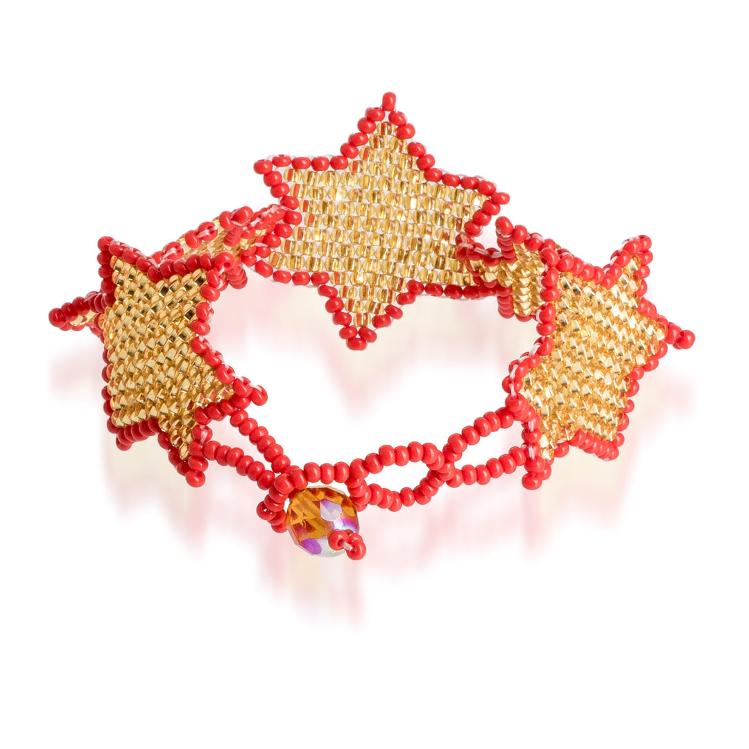 Red and Golden-Hued Handmade Beaded Bracelet with Star Motif - Honey Starlight