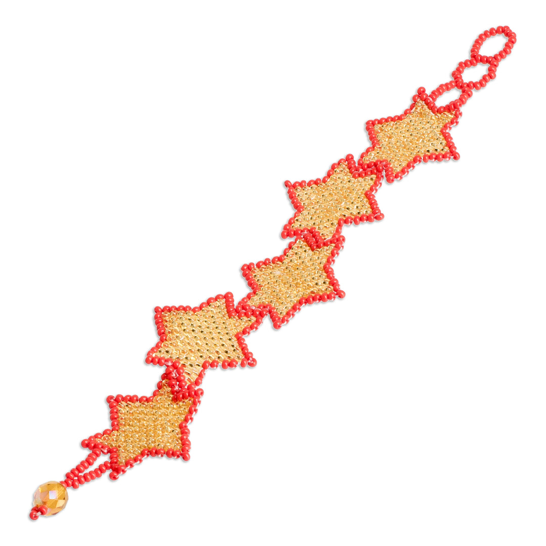 Red and Golden-Hued Handmade Beaded Bracelet with Star Motif - Honey Starlight