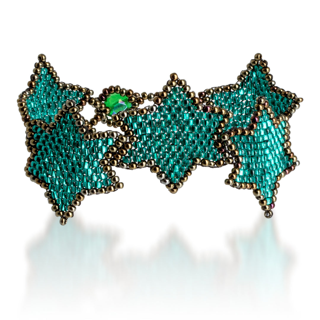 Teal Bronze Star-Themed Handmade Beaded Wristband Bracelet - Teal Starlight