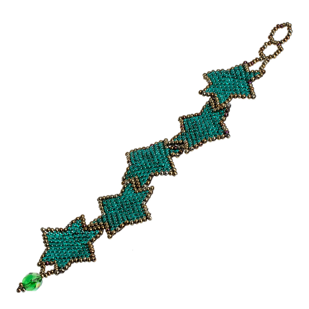 Teal Bronze Star-Themed Handmade Beaded Wristband Bracelet - Teal Starlight