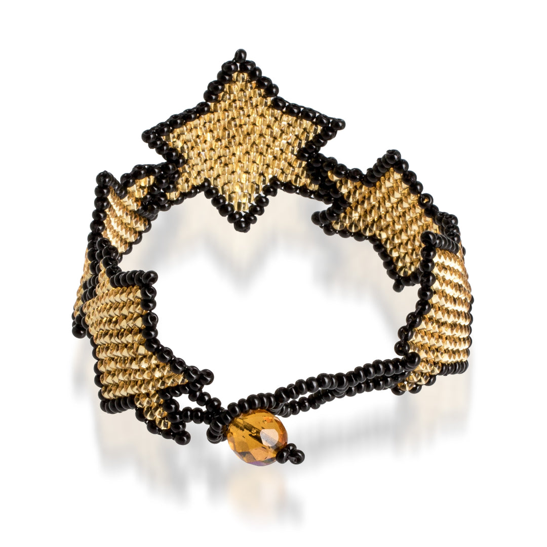 Black Golden-Toned Beaded Wristband Bracelet with Star Theme - Amber Starlight