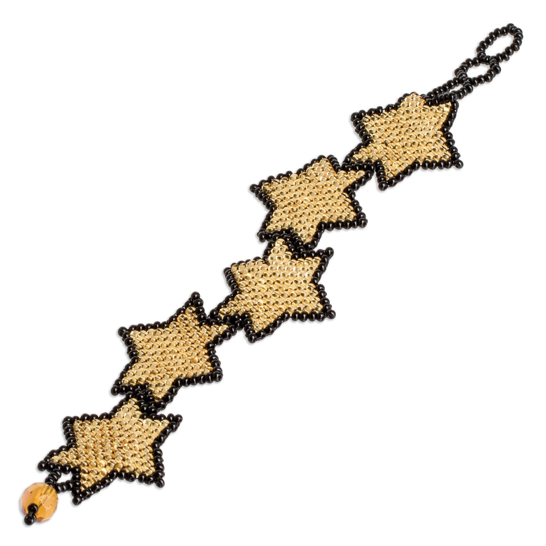 Black Golden-Toned Beaded Wristband Bracelet with Star Theme - Amber Starlight