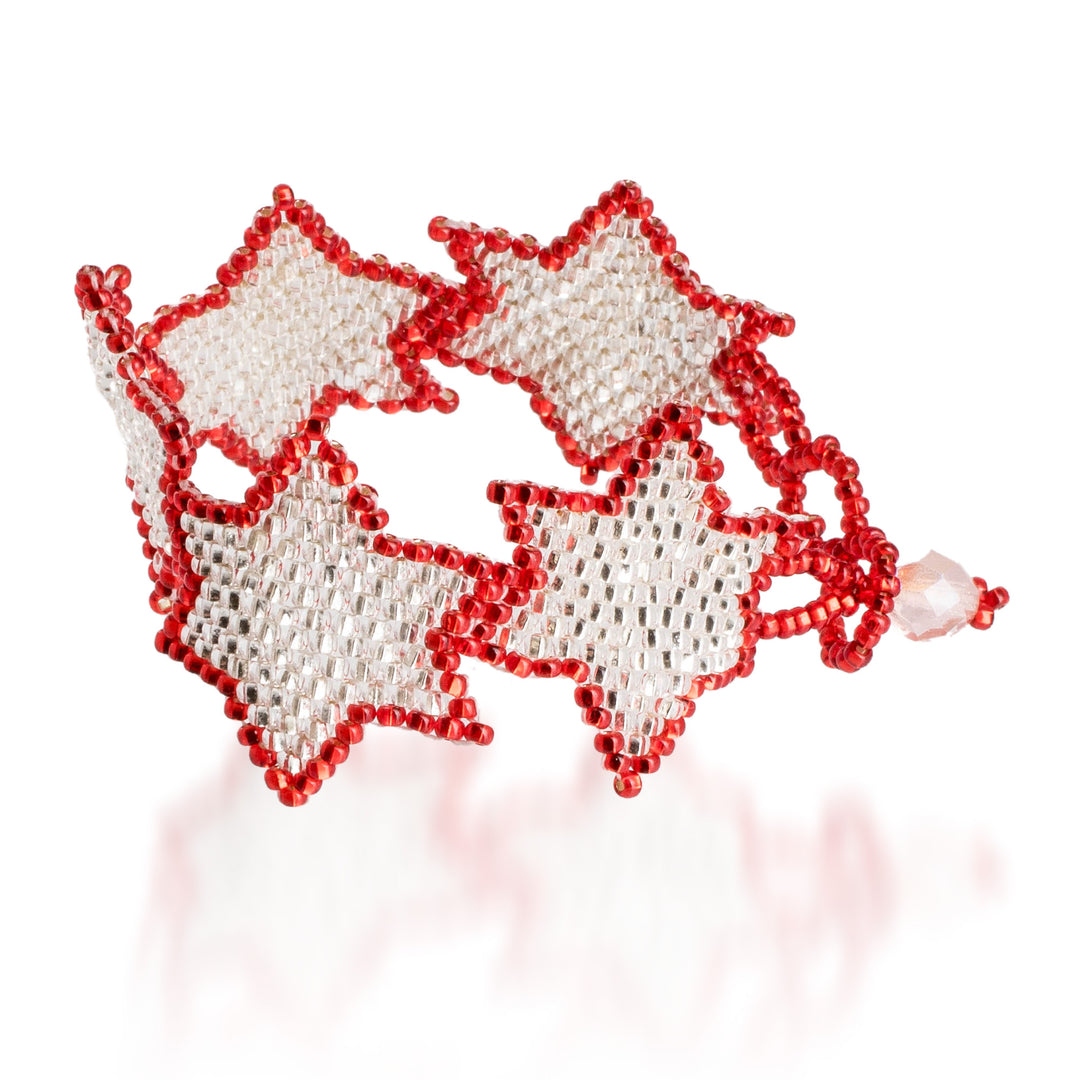 Red and Silver-Hued Star Beaded Bracelet from Guatemala - Silver Starlight