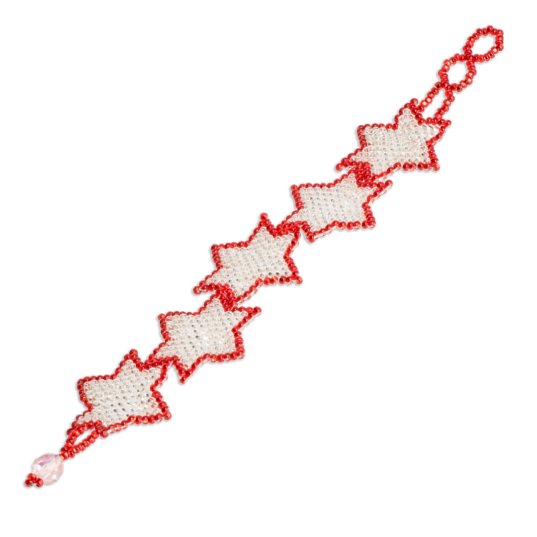 Red and Silver-Hued Star Beaded Bracelet from Guatemala - Silver Starlight