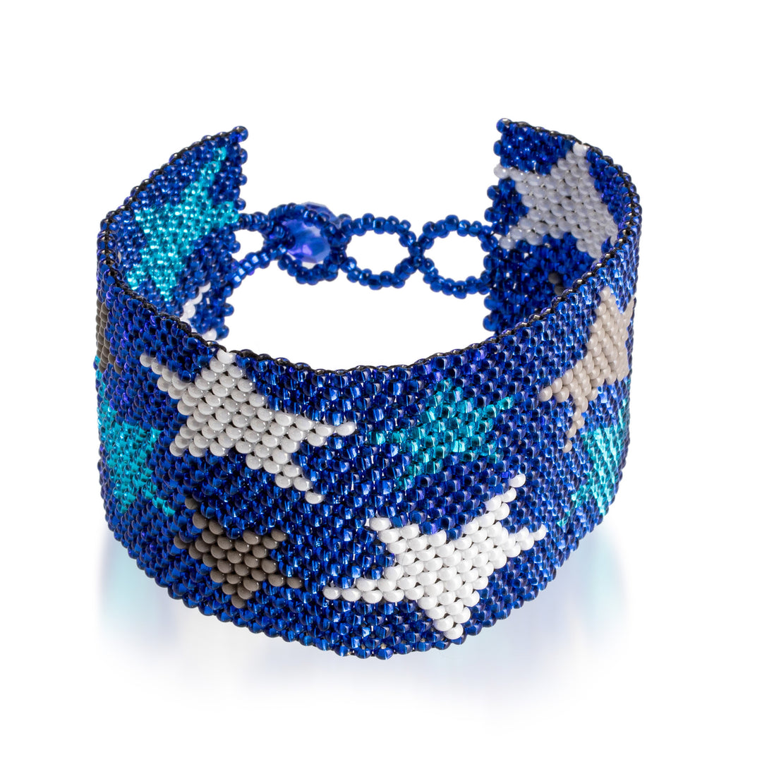 Star-Themed Handmade Beaded Bracelet in Blue White and Grey - Constellation in Blue