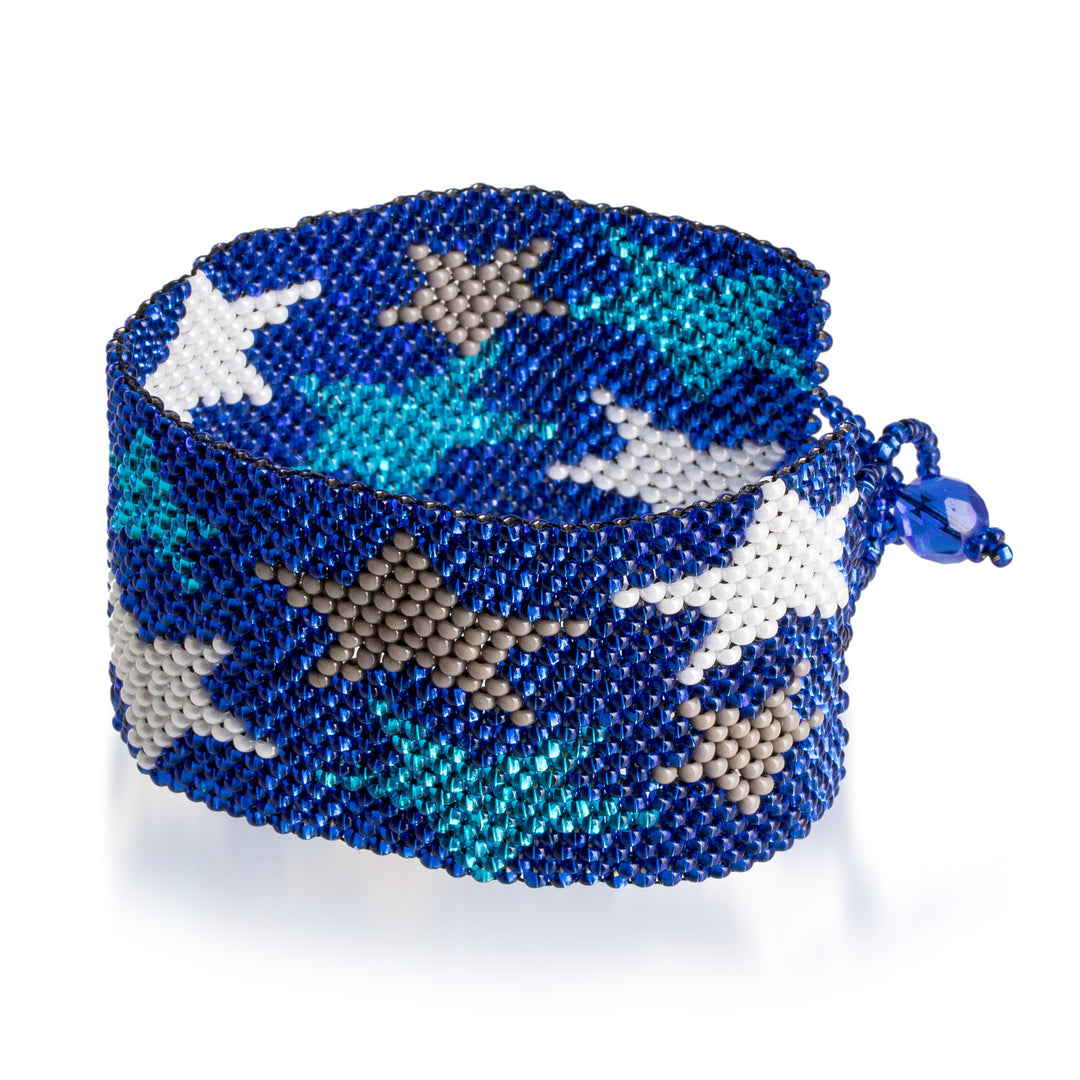 Star-Themed Handmade Beaded Bracelet in Blue White and Grey - Constellation in Blue