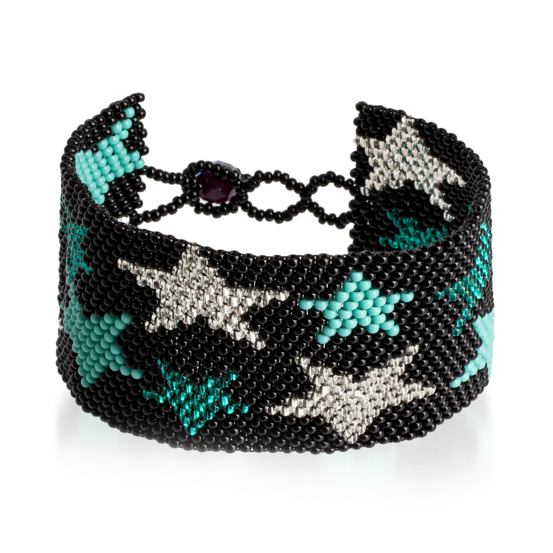 Handmade Black Aqua Silver-Hued Star-Themed Beaded Bracelet - Constellation in Aqua