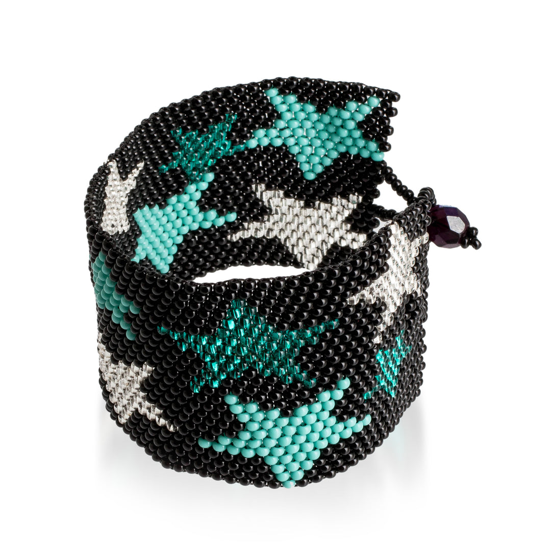 Handmade Black Aqua Silver-Hued Star-Themed Beaded Bracelet - Constellation in Aqua