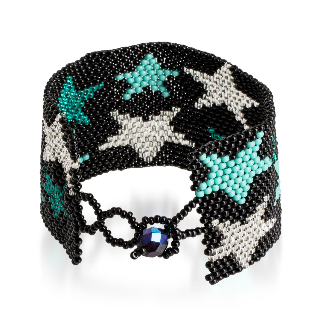 Handmade Black Aqua Silver-Hued Star-Themed Beaded Bracelet - Constellation in Aqua
