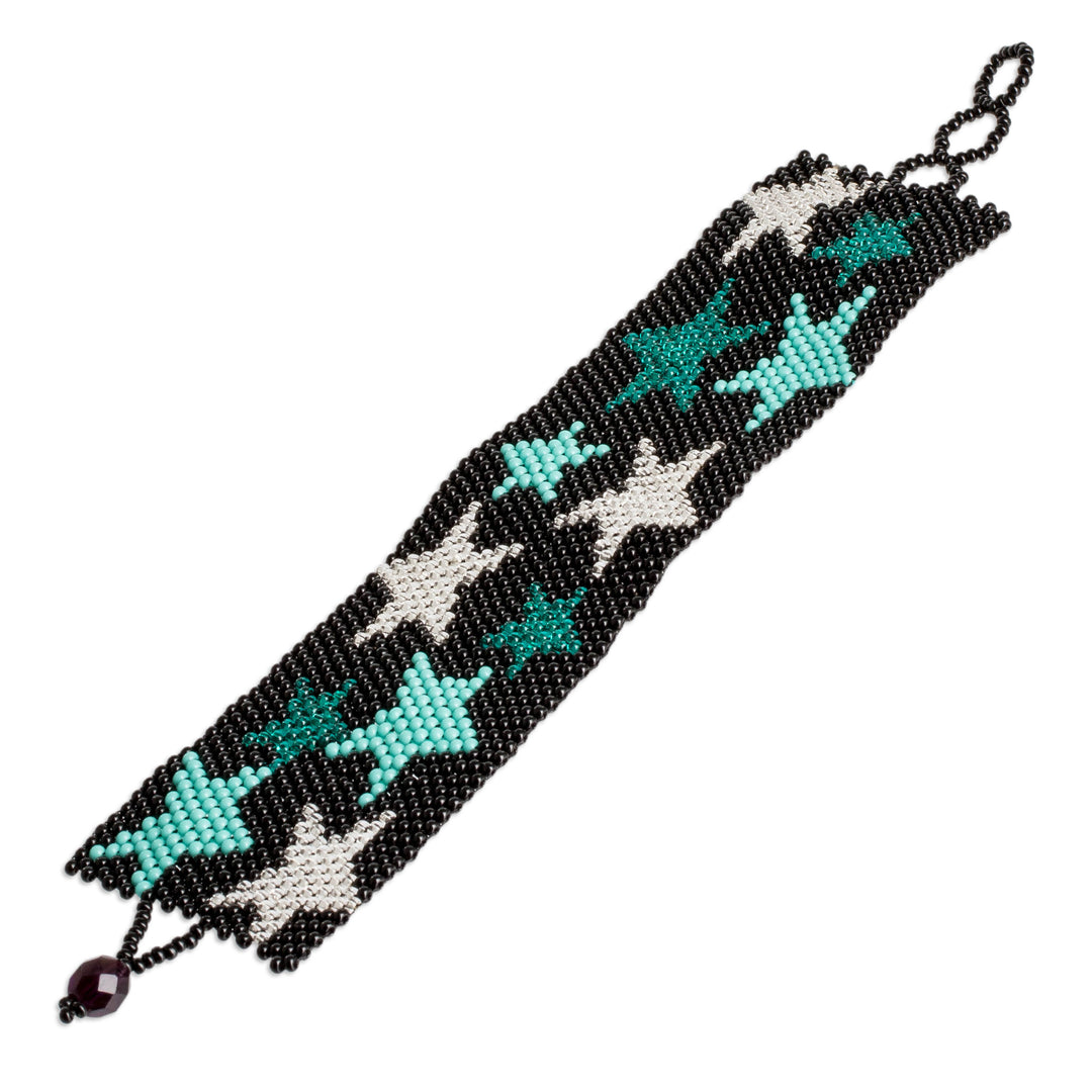 Handmade Black Aqua Silver-Hued Star-Themed Beaded Bracelet - Constellation in Aqua