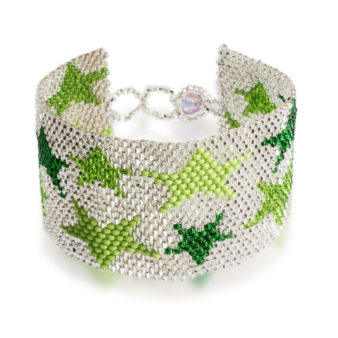 Green and Silver-Hued Star-Themed Beaded Wristband Bracelet - Constellation in Silver