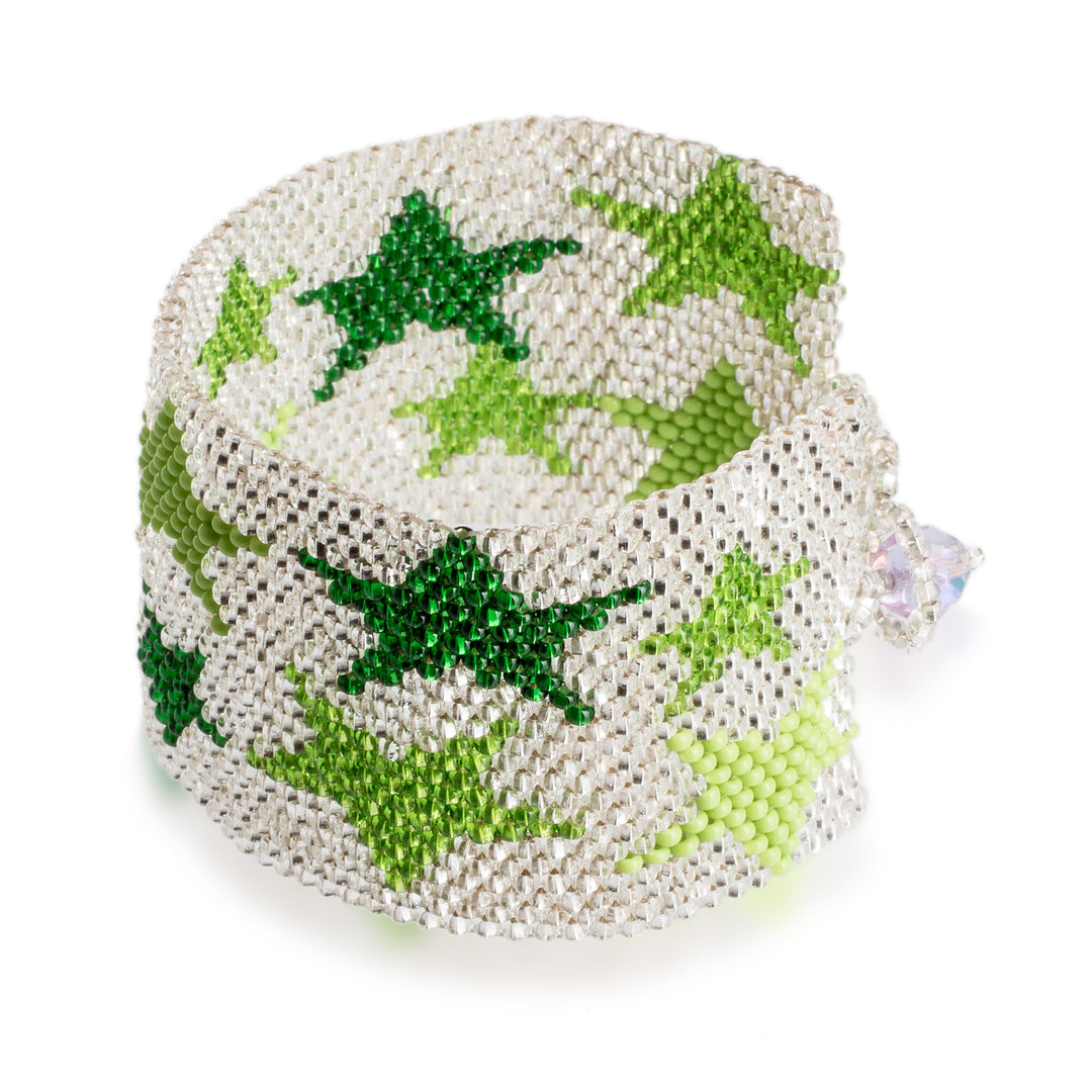 Green and Silver-Hued Star-Themed Beaded Wristband Bracelet - Constellation in Silver
