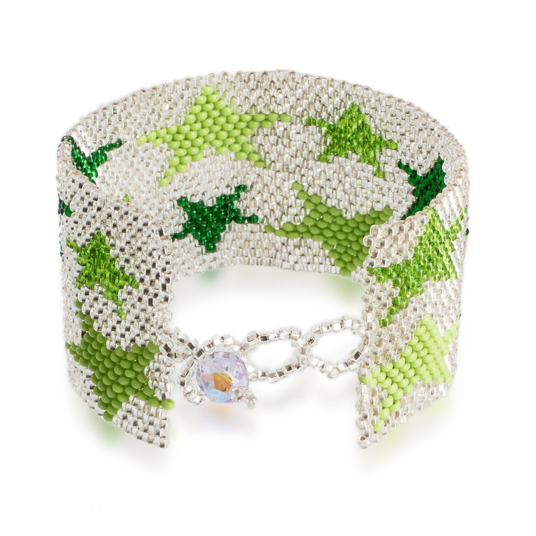 Green and Silver-Hued Star-Themed Beaded Wristband Bracelet - Constellation in Silver