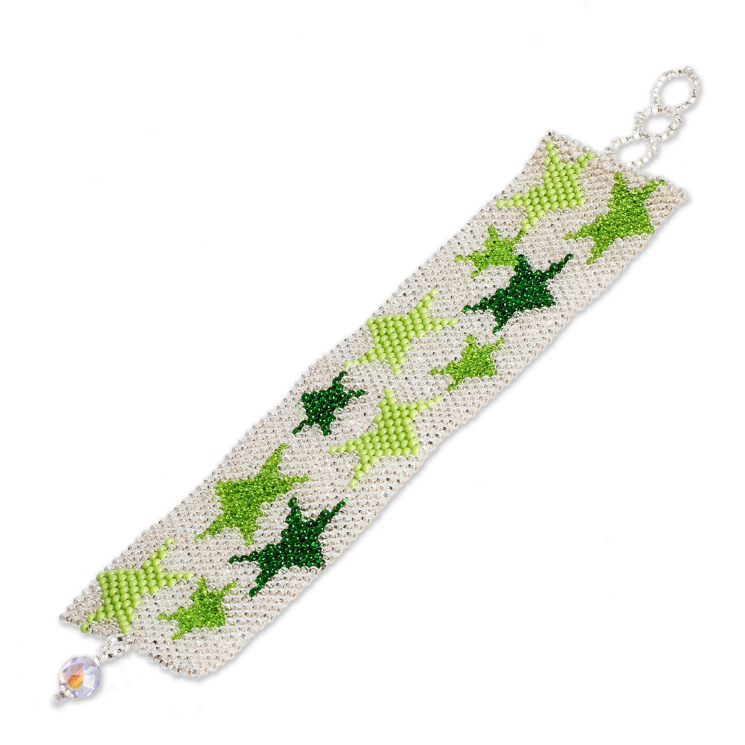 Green and Silver-Hued Star-Themed Beaded Wristband Bracelet - Constellation in Silver