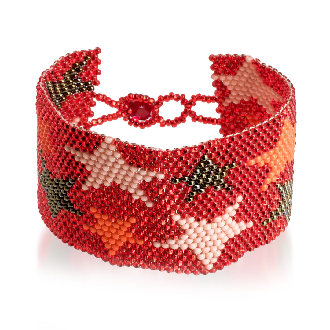 Star-Patterned Glass Beaded Wristband Bracelet in Red Hues - Constellation in Red