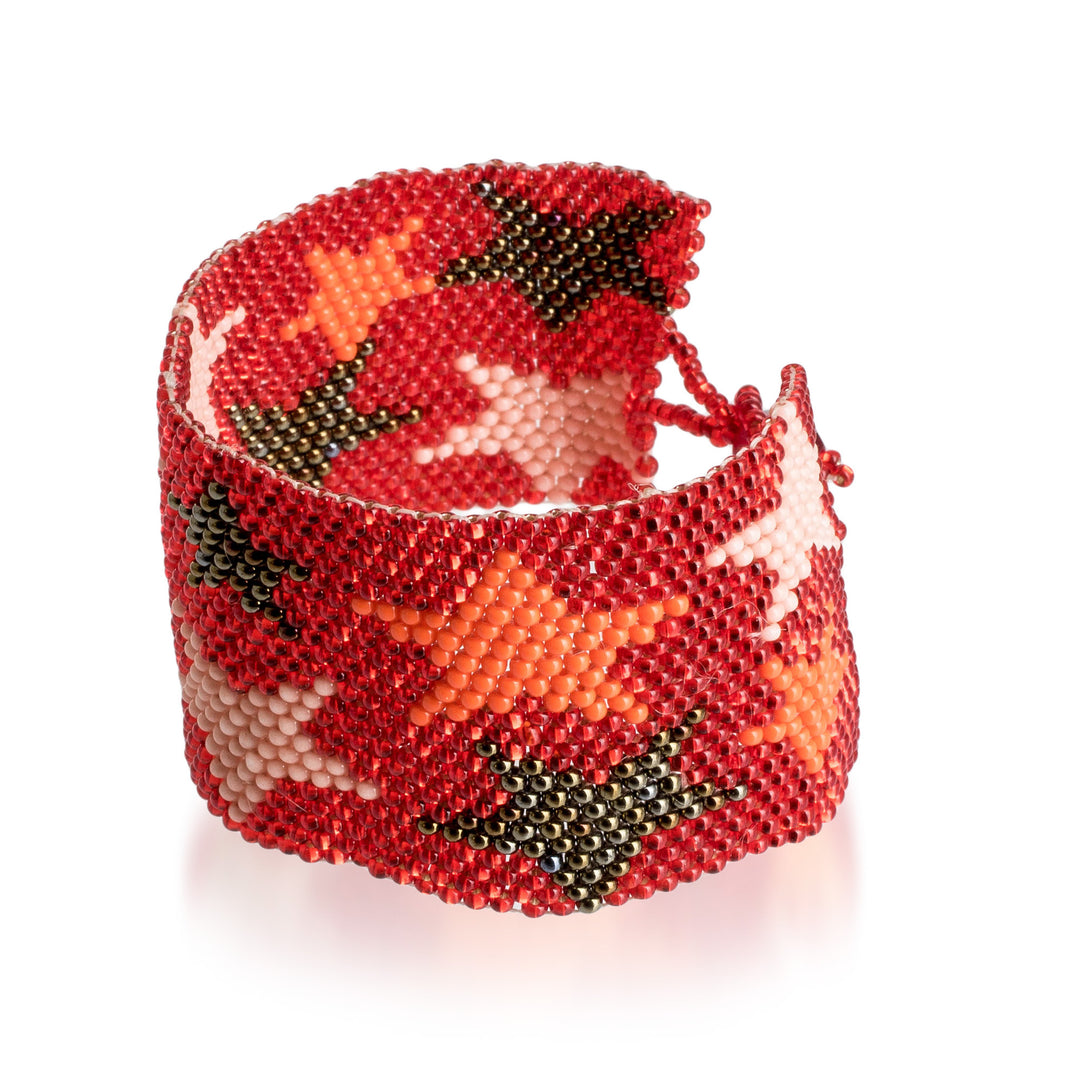 Star-Patterned Glass Beaded Wristband Bracelet in Red Hues - Constellation in Red