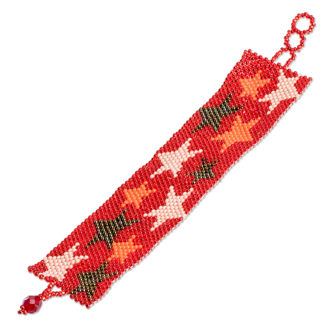 Star-Patterned Glass Beaded Wristband Bracelet in Red Hues - Constellation in Red
