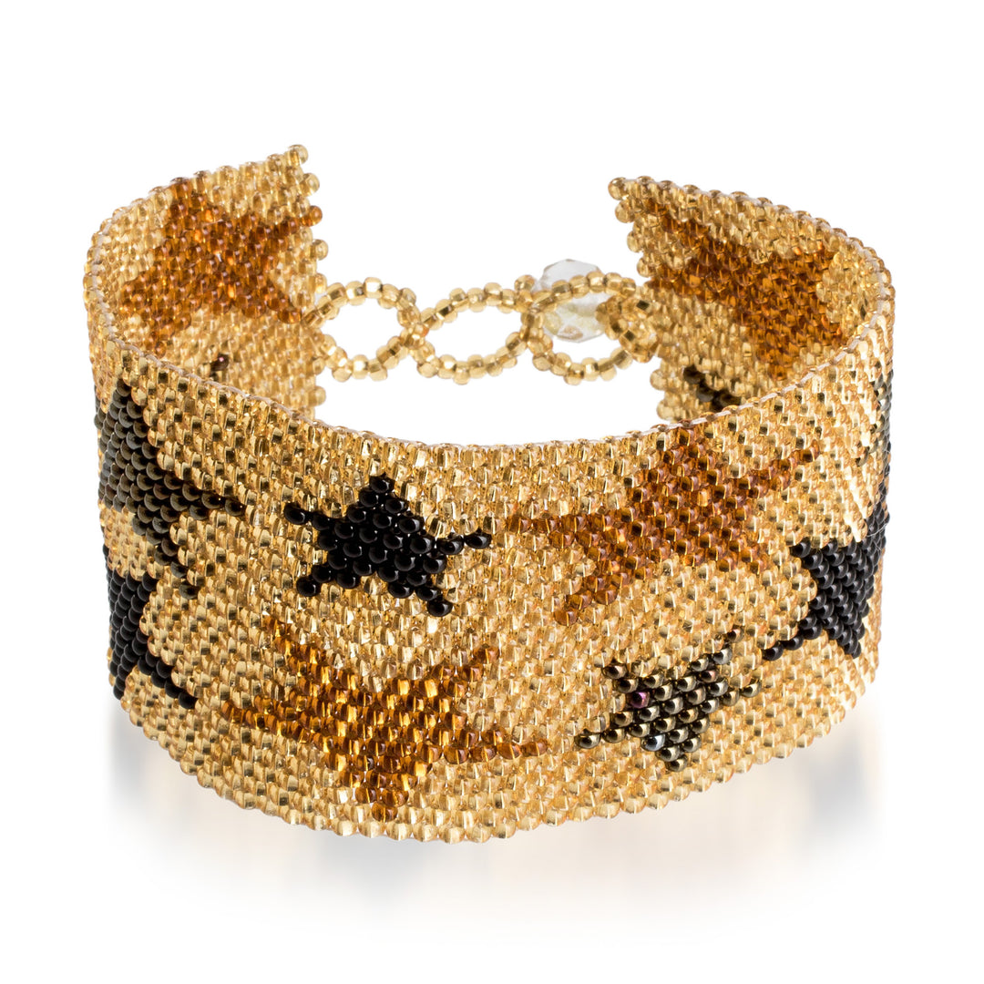 Golden Glass Beaded Star Wristband Bracelet from Guatemala - Constellation in Golden