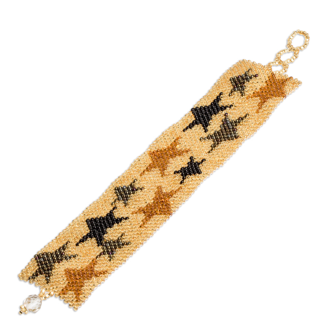 Golden Glass Beaded Star Wristband Bracelet from Guatemala - Constellation in Golden