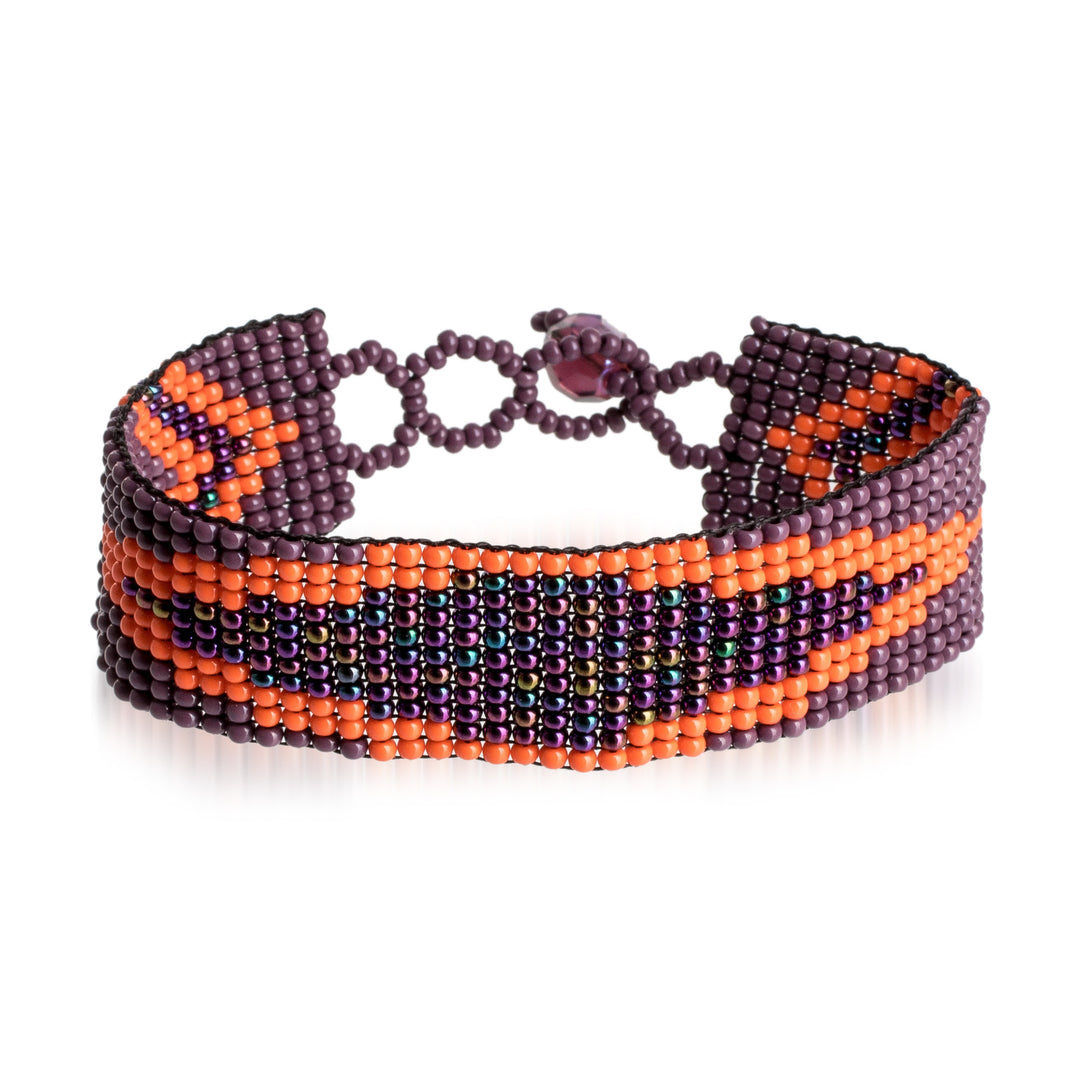 Guatemalan Purple and Orange Glass Beaded Wristband Bracelet - Stylish Harmony
