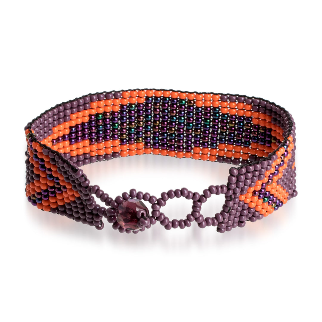 Guatemalan Purple and Orange Glass Beaded Wristband Bracelet - Stylish Harmony