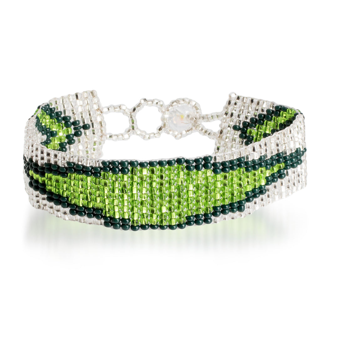 Adjustable Glass Beaded Wristband Bracelet in Green Hues - Evergreen Harmony