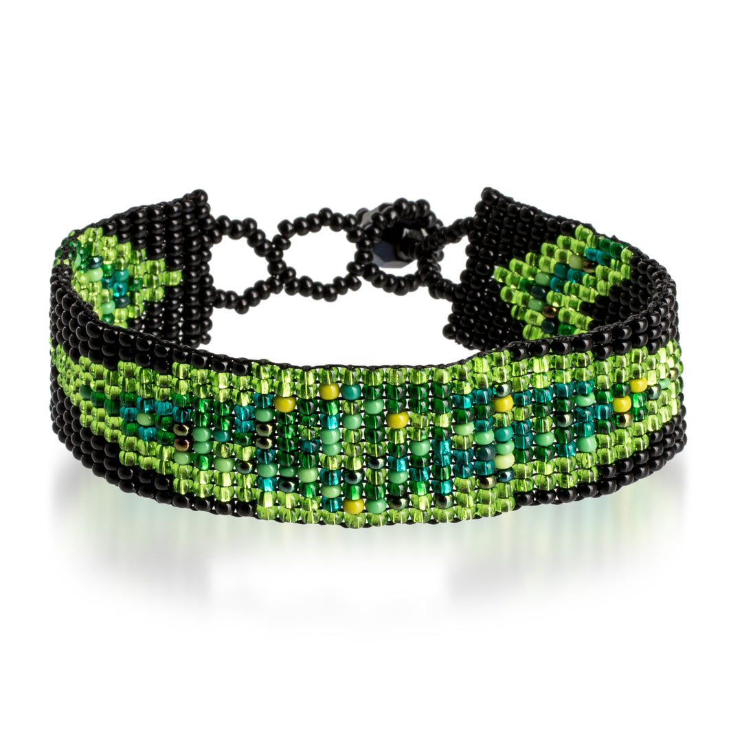 Glass Beaded Wristband Bracelet in Green and Black Hues - Sylvan Harmony
