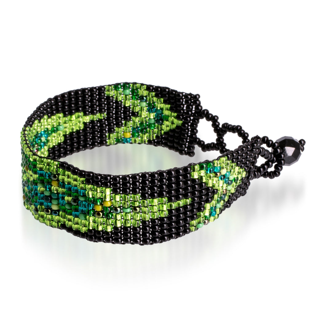 Glass Beaded Wristband Bracelet in Green and Black Hues - Sylvan Harmony