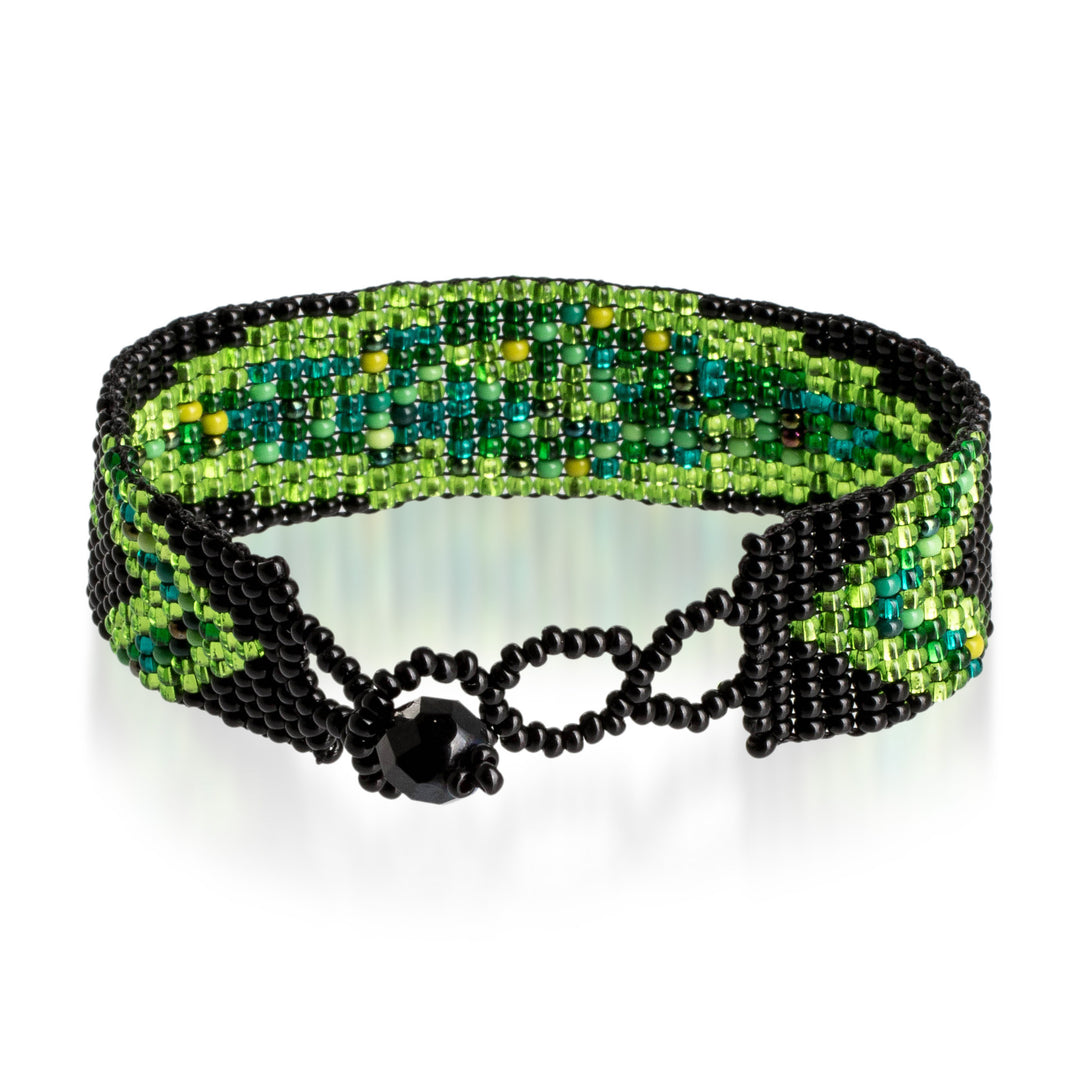 Glass Beaded Wristband Bracelet in Green and Black Hues - Sylvan Harmony