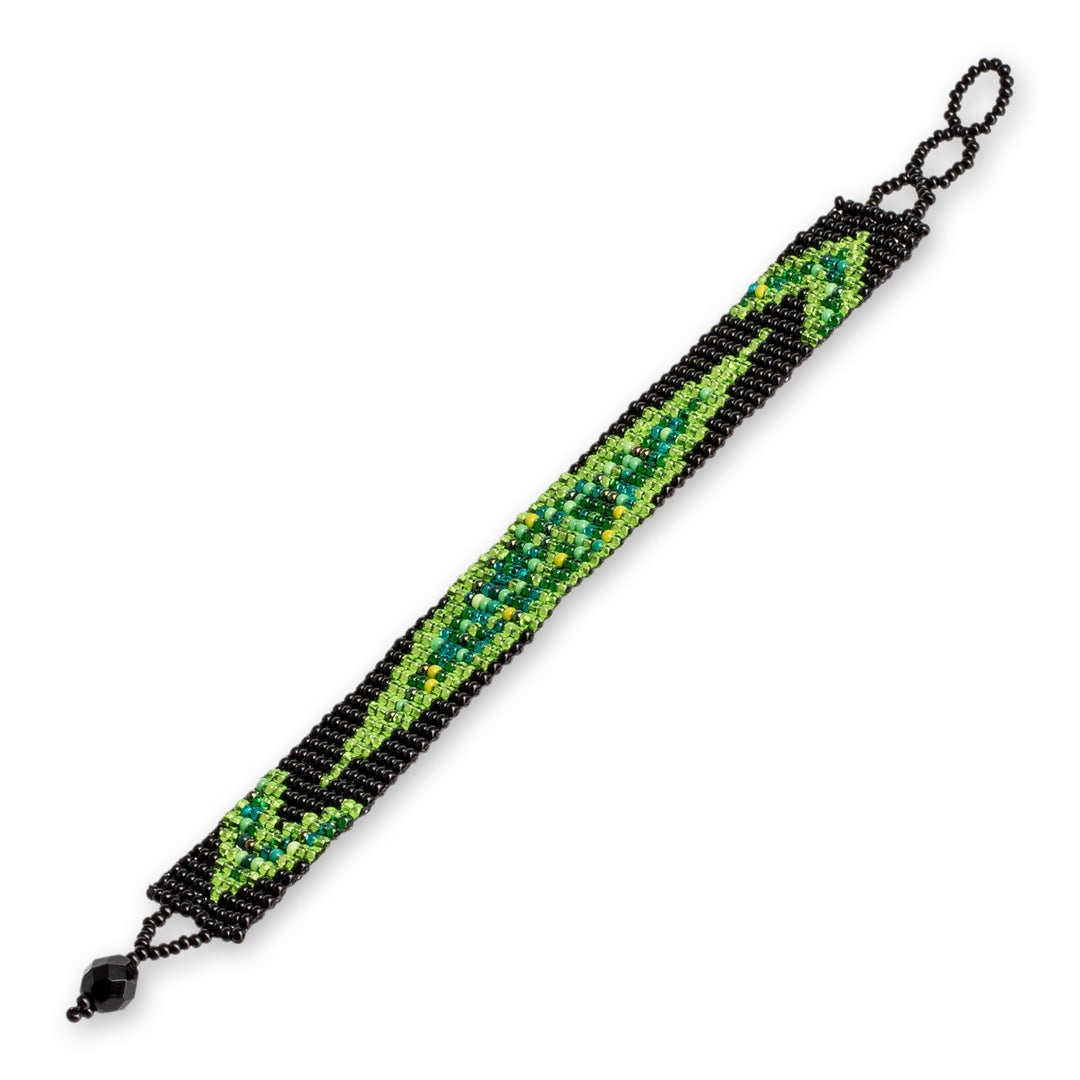 Glass Beaded Wristband Bracelet in Green and Black Hues - Sylvan Harmony