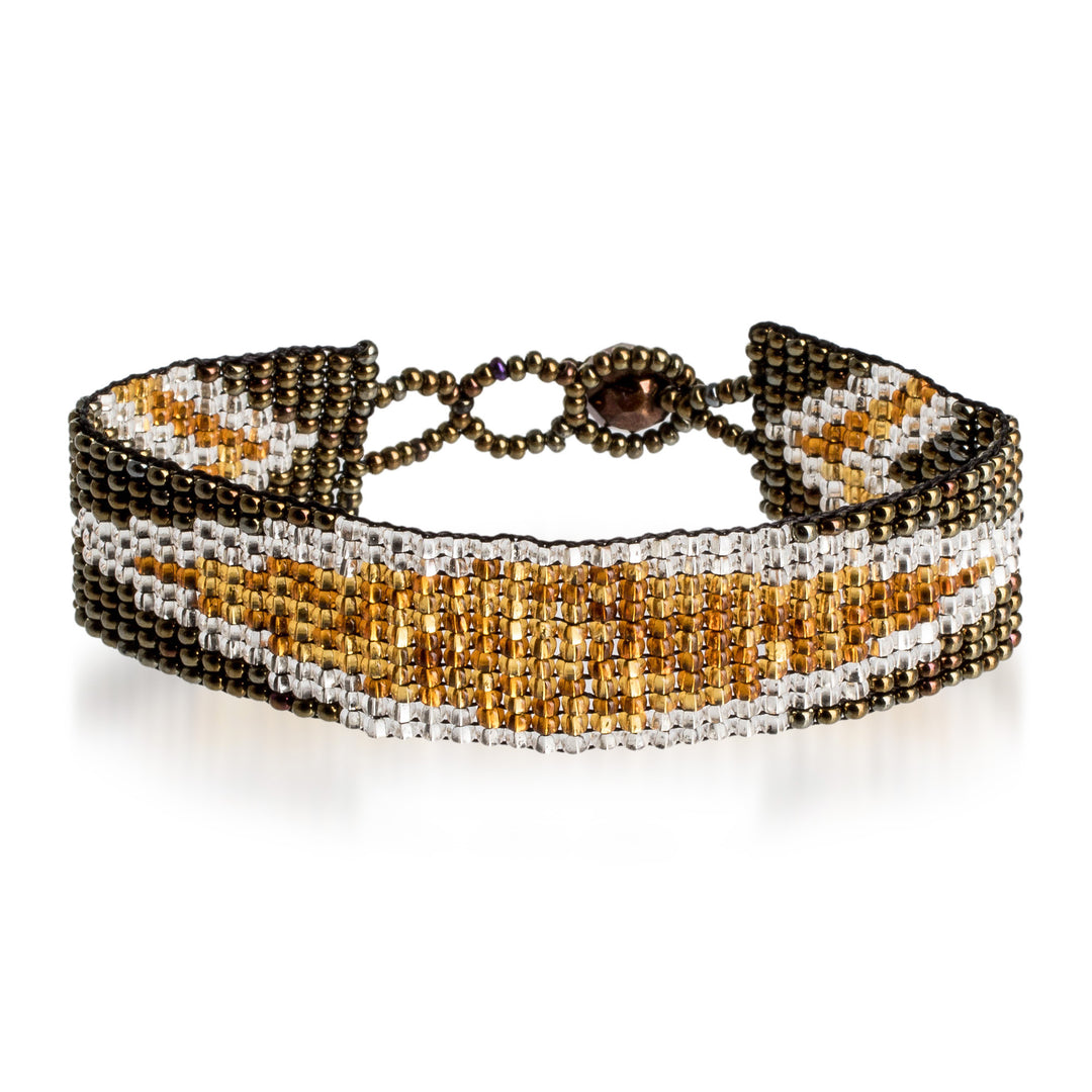 Golden and Bronze Glass Beaded Mosaic Wristband Bracelet - Valiant Harmony