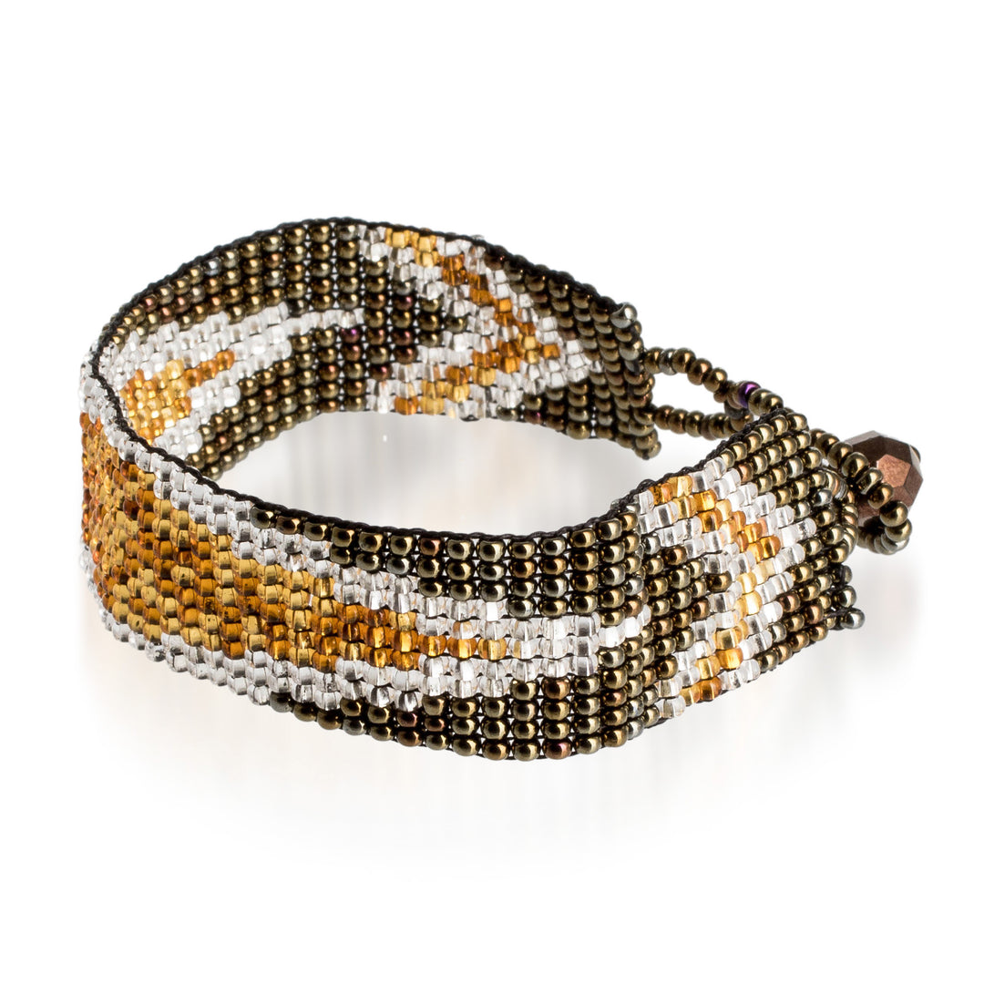 Golden and Bronze Glass Beaded Mosaic Wristband Bracelet - Valiant Harmony