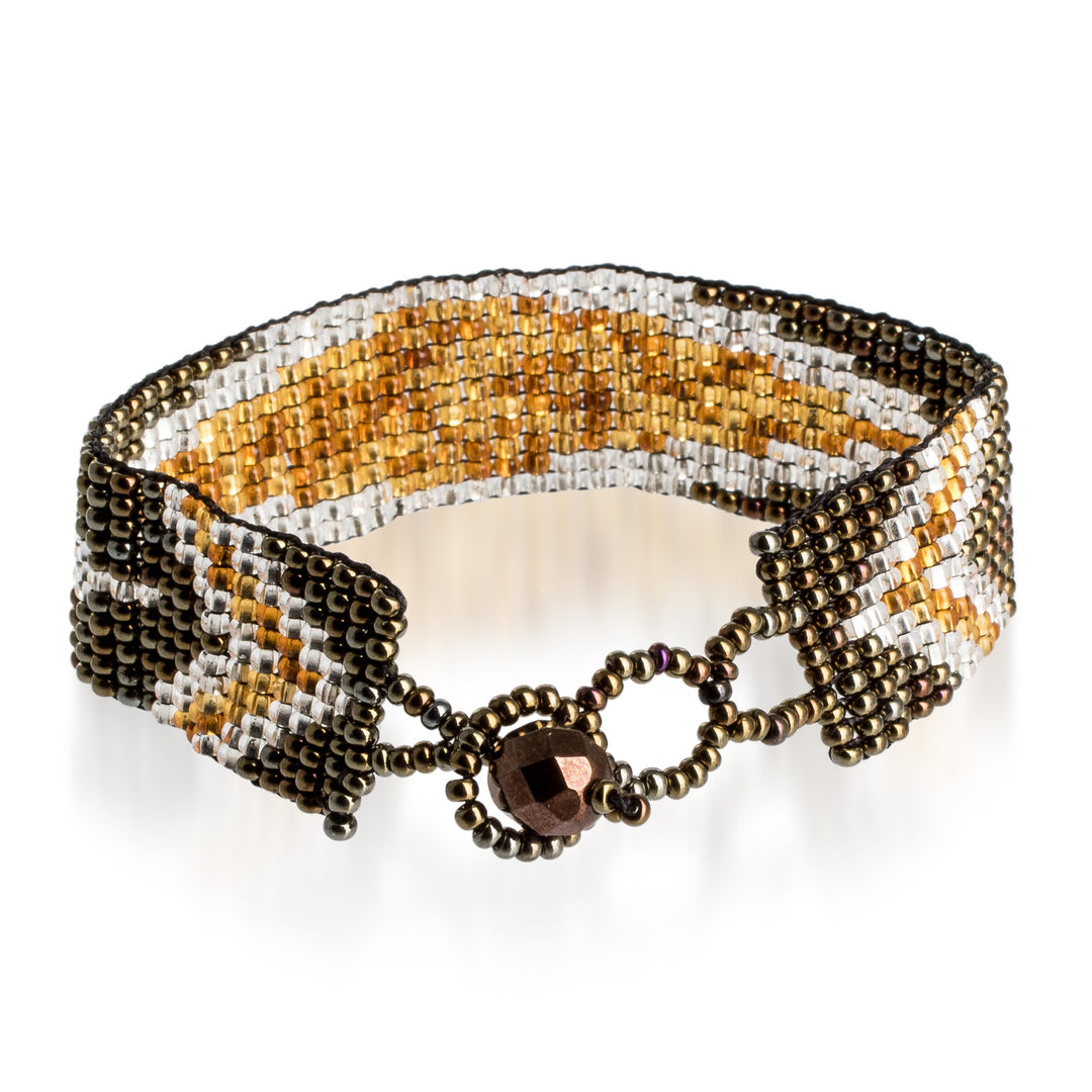 Golden and Bronze Glass Beaded Mosaic Wristband Bracelet - Valiant Harmony