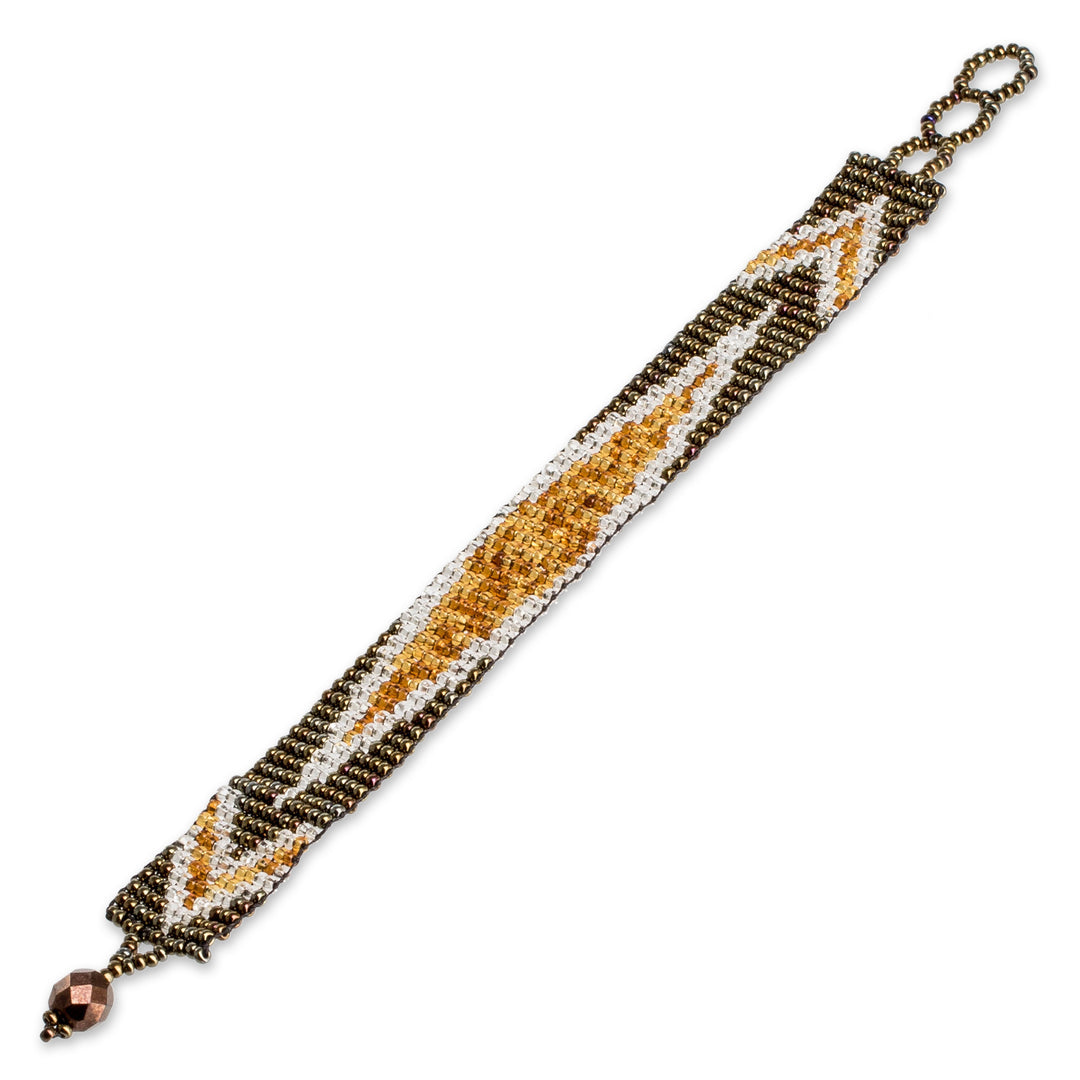 Golden and Bronze Glass Beaded Mosaic Wristband Bracelet - Valiant Harmony