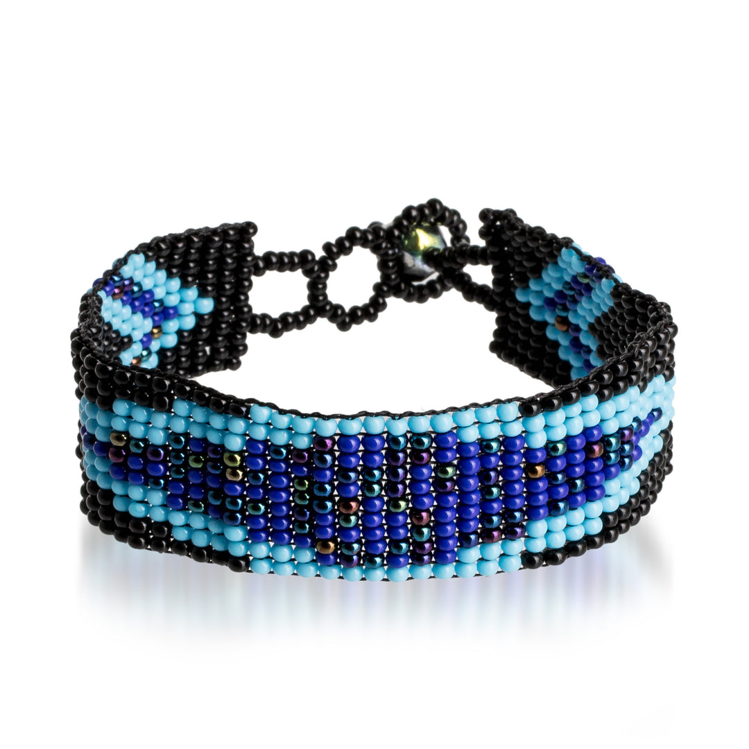 Dark Blue and Black Glass Beaded Mosaic Wristband Bracelet - Marine Harmony