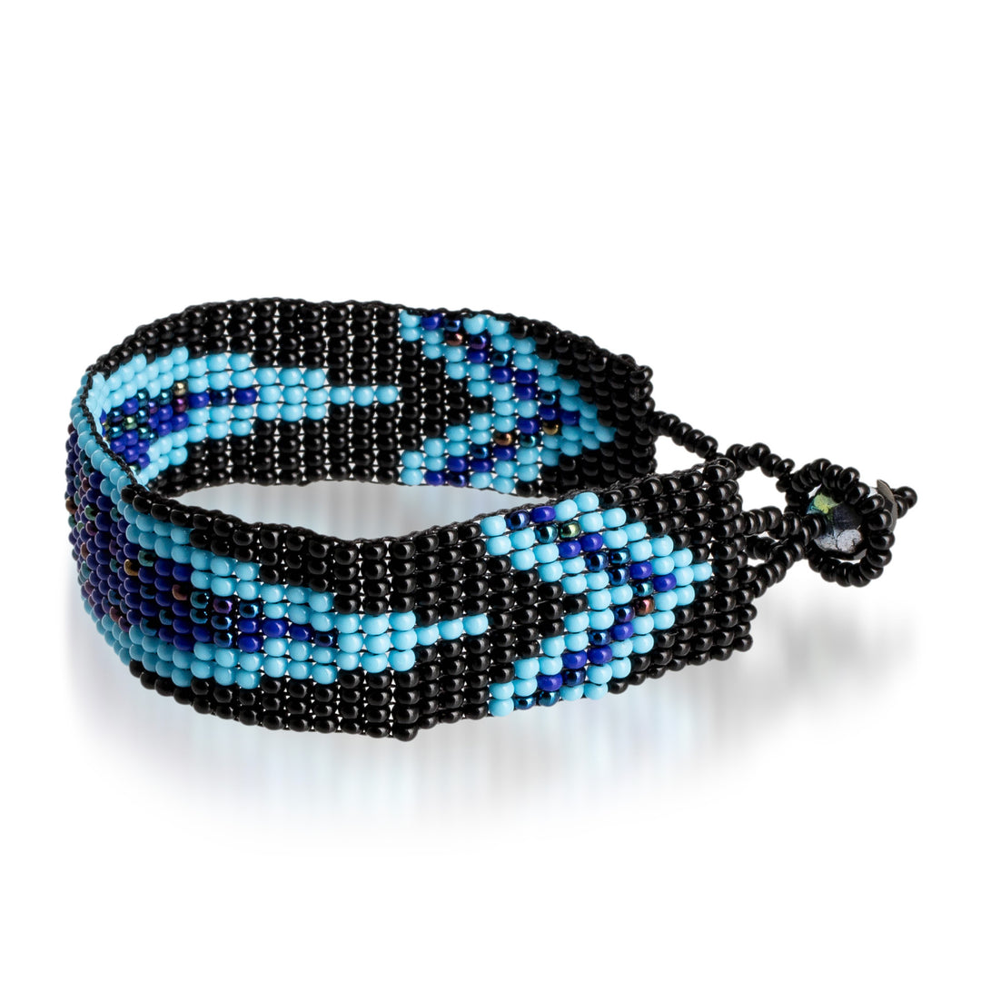 Dark Blue and Black Glass Beaded Mosaic Wristband Bracelet - Marine Harmony