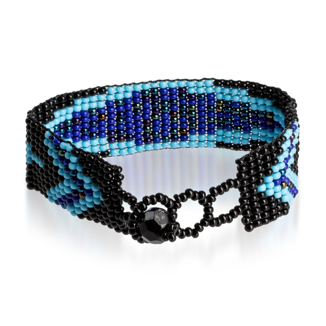 Dark Blue and Black Glass Beaded Mosaic Wristband Bracelet - Marine Harmony