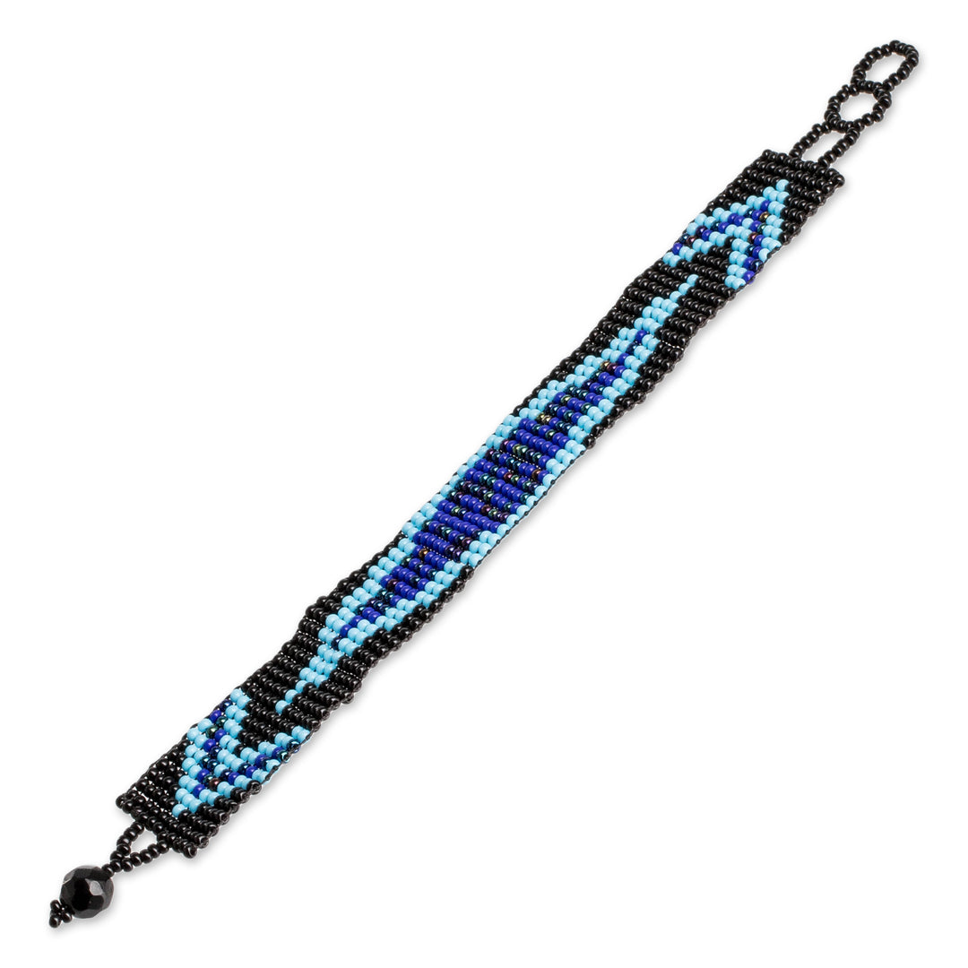 Dark Blue and Black Glass Beaded Mosaic Wristband Bracelet - Marine Harmony
