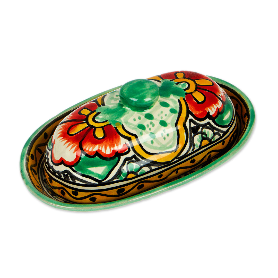 Talavera Style Hand-Painted Ceramic Butter Dish with Lid - Mexican Garden