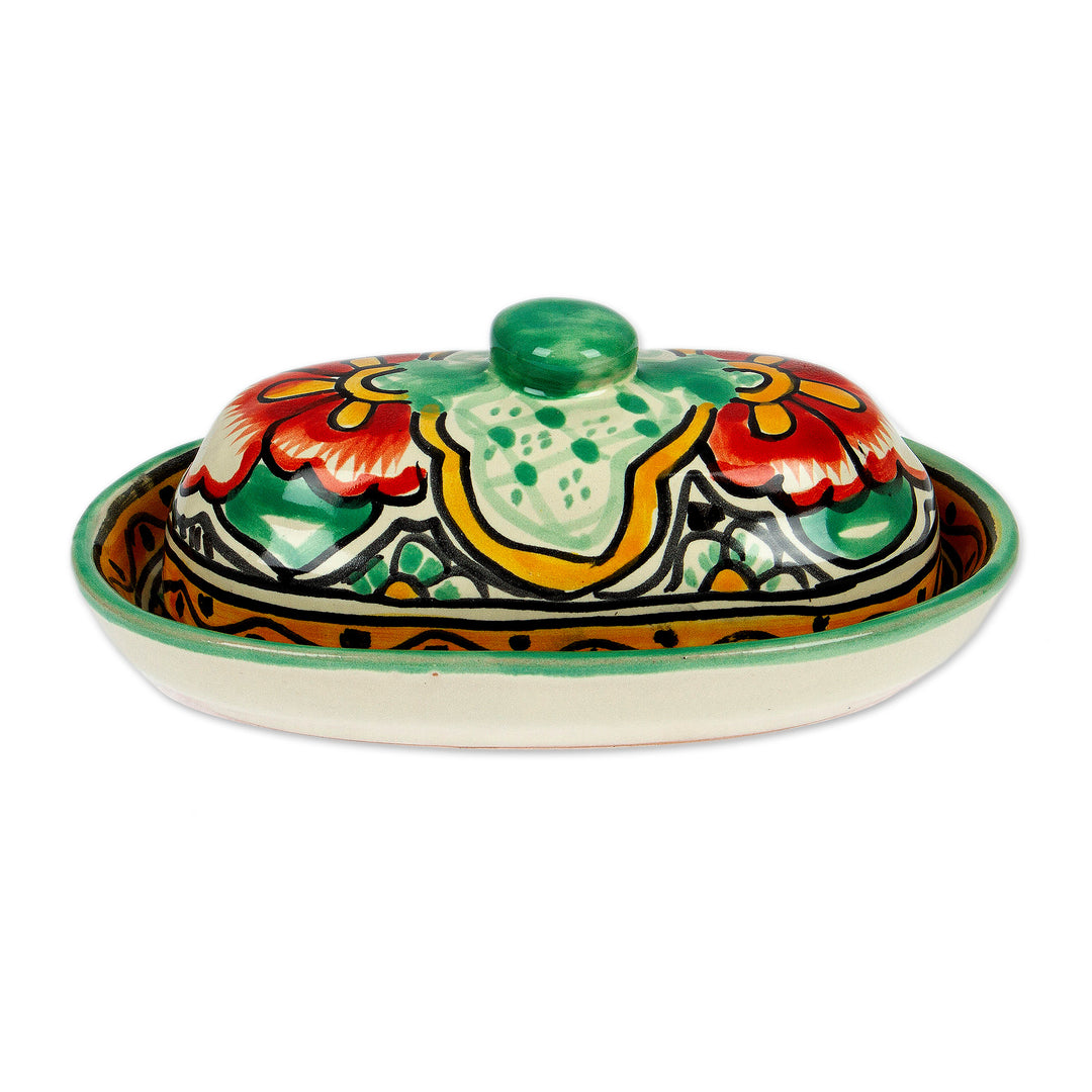 Talavera Style Hand-Painted Ceramic Butter Dish with Lid - Mexican Garden