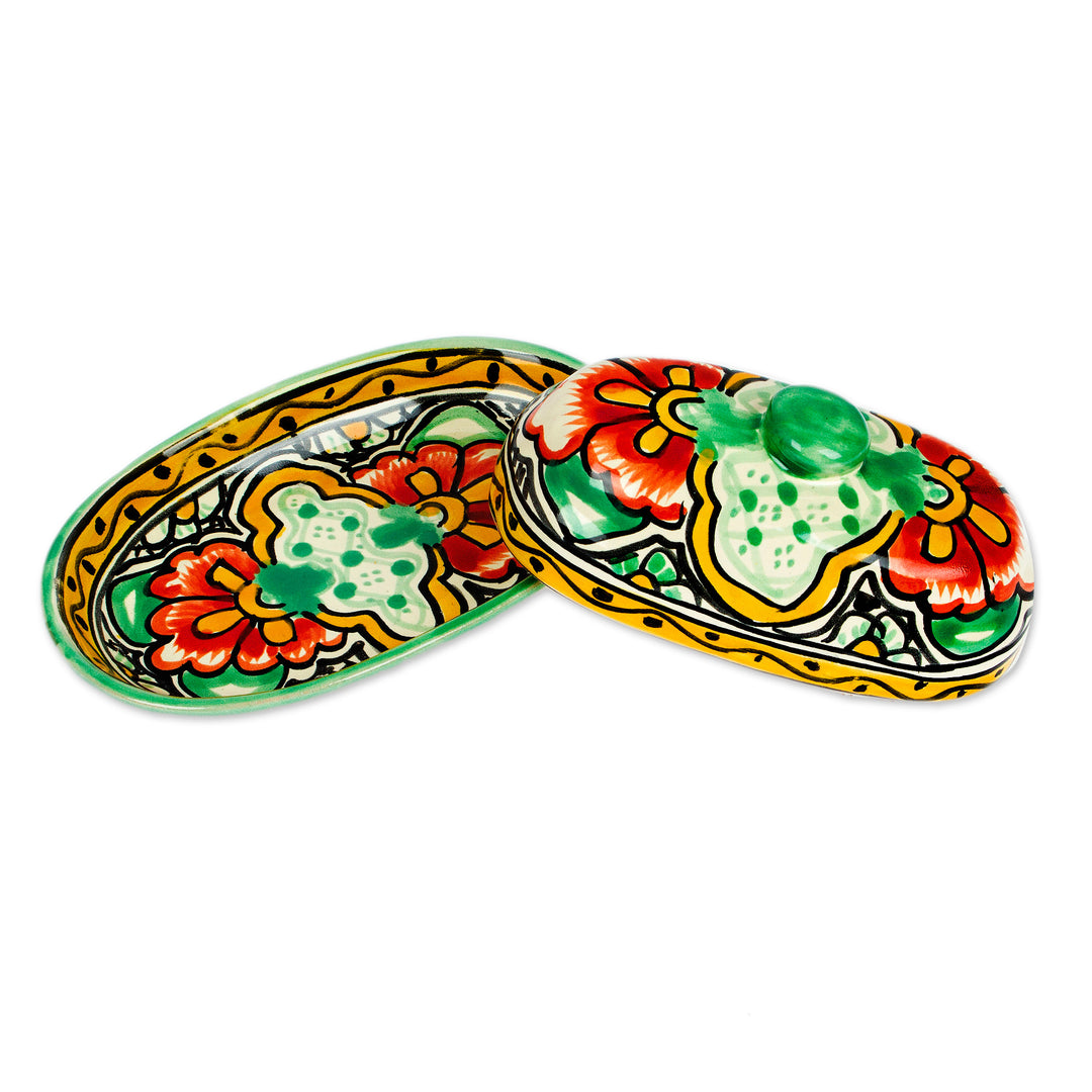 Talavera Style Hand-Painted Ceramic Butter Dish with Lid - Mexican Garden