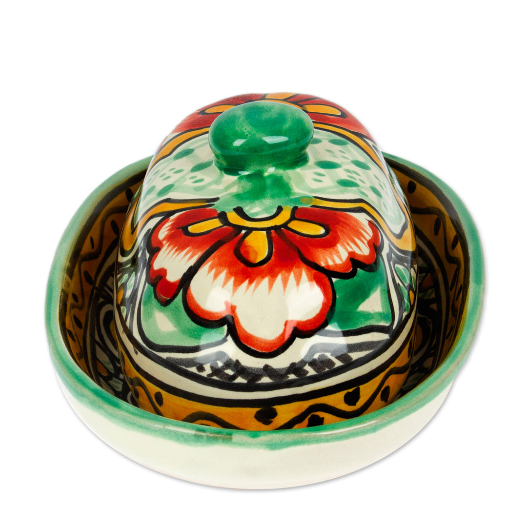 Talavera Style Hand-Painted Ceramic Butter Dish with Lid - Mexican Garden