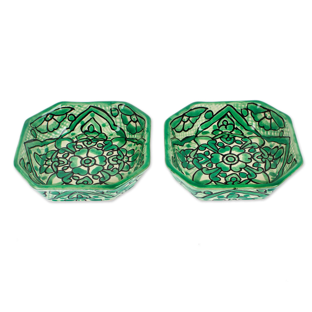 2 Floral Ceramic Dessert Bowls Handcrafted in Talavera Style - Mexican Blooms