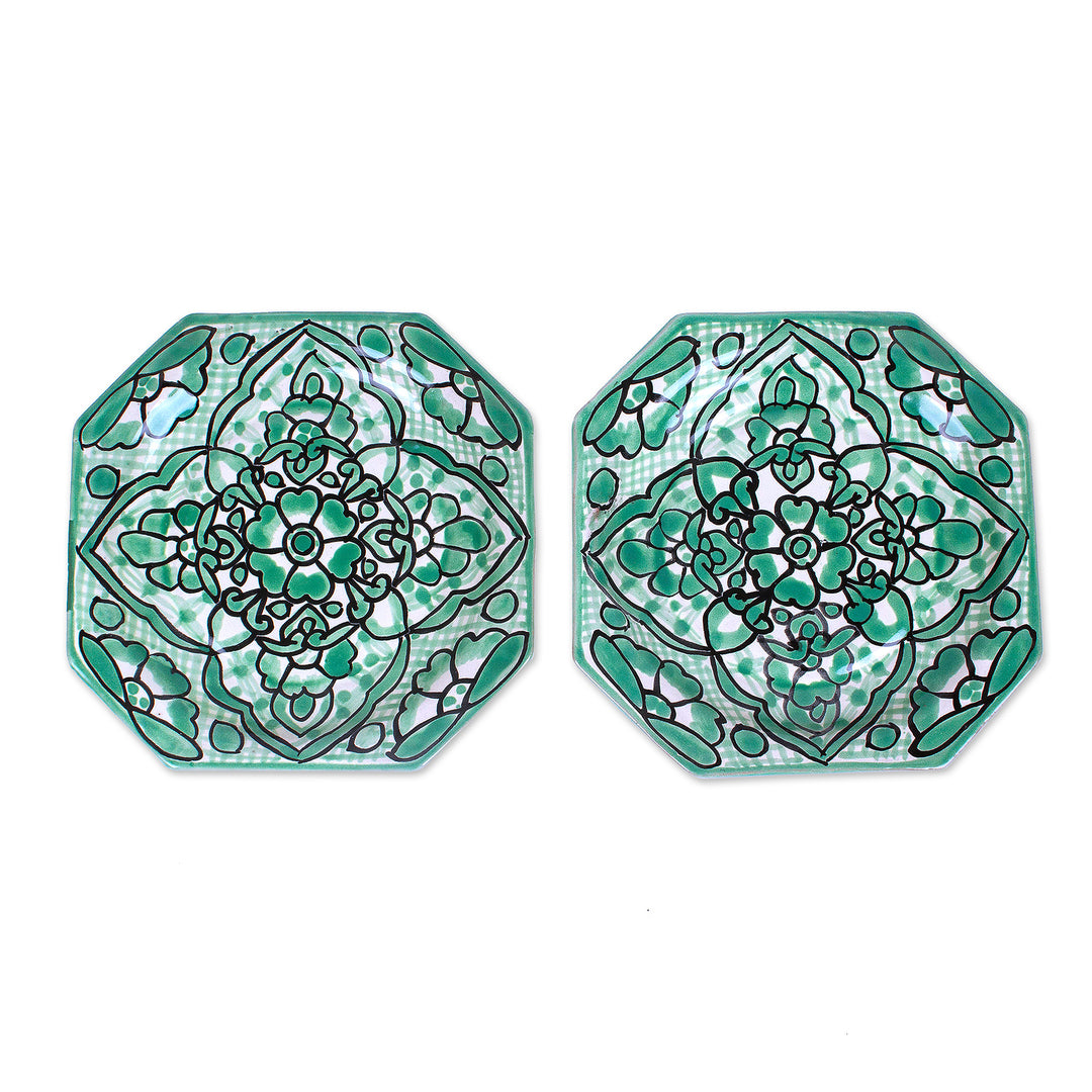 2 Floral-Themed Green Talavera Style Ceramic Dessert Plates - Mexican Blooms