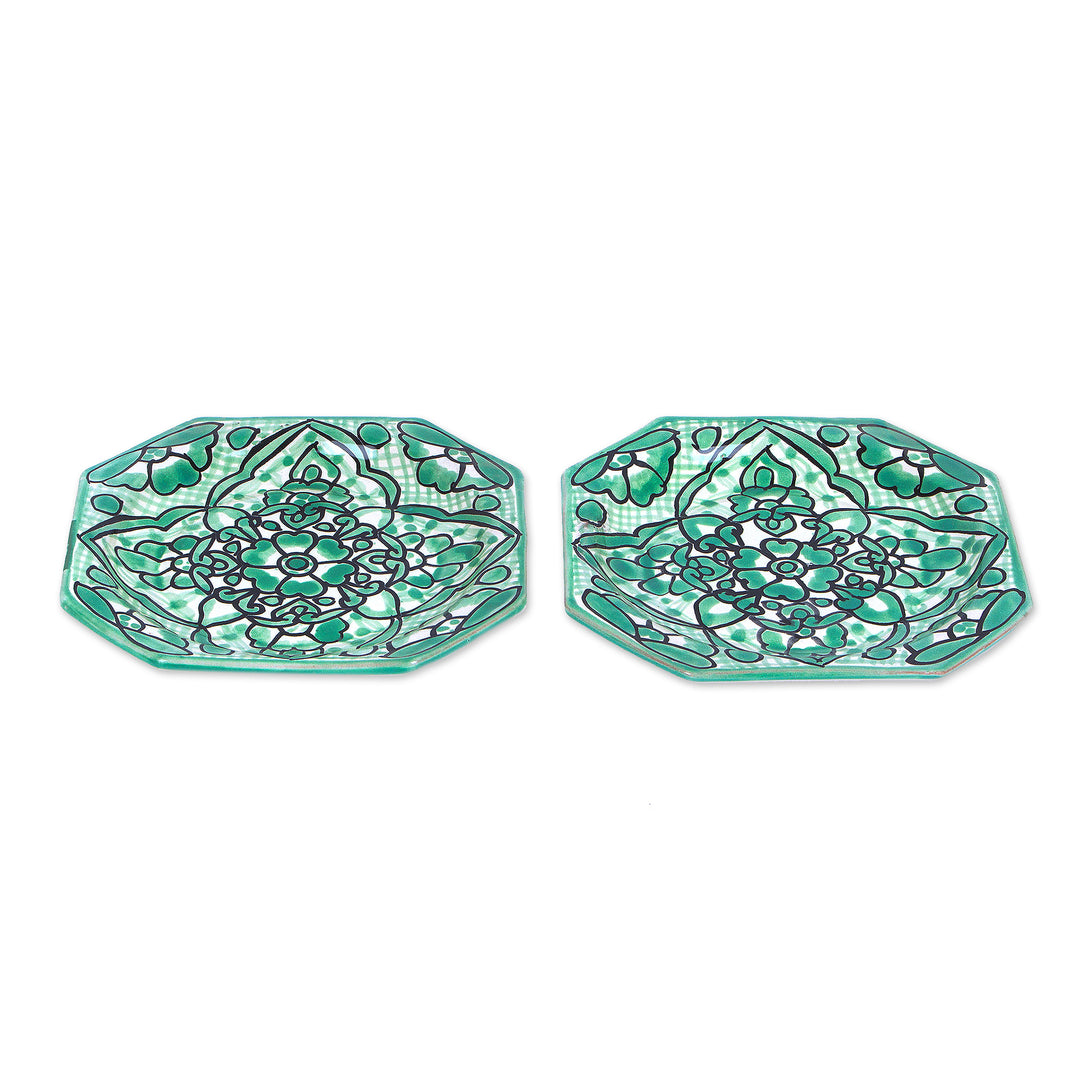 2 Floral-Themed Green Talavera Style Ceramic Dessert Plates - Mexican Blooms