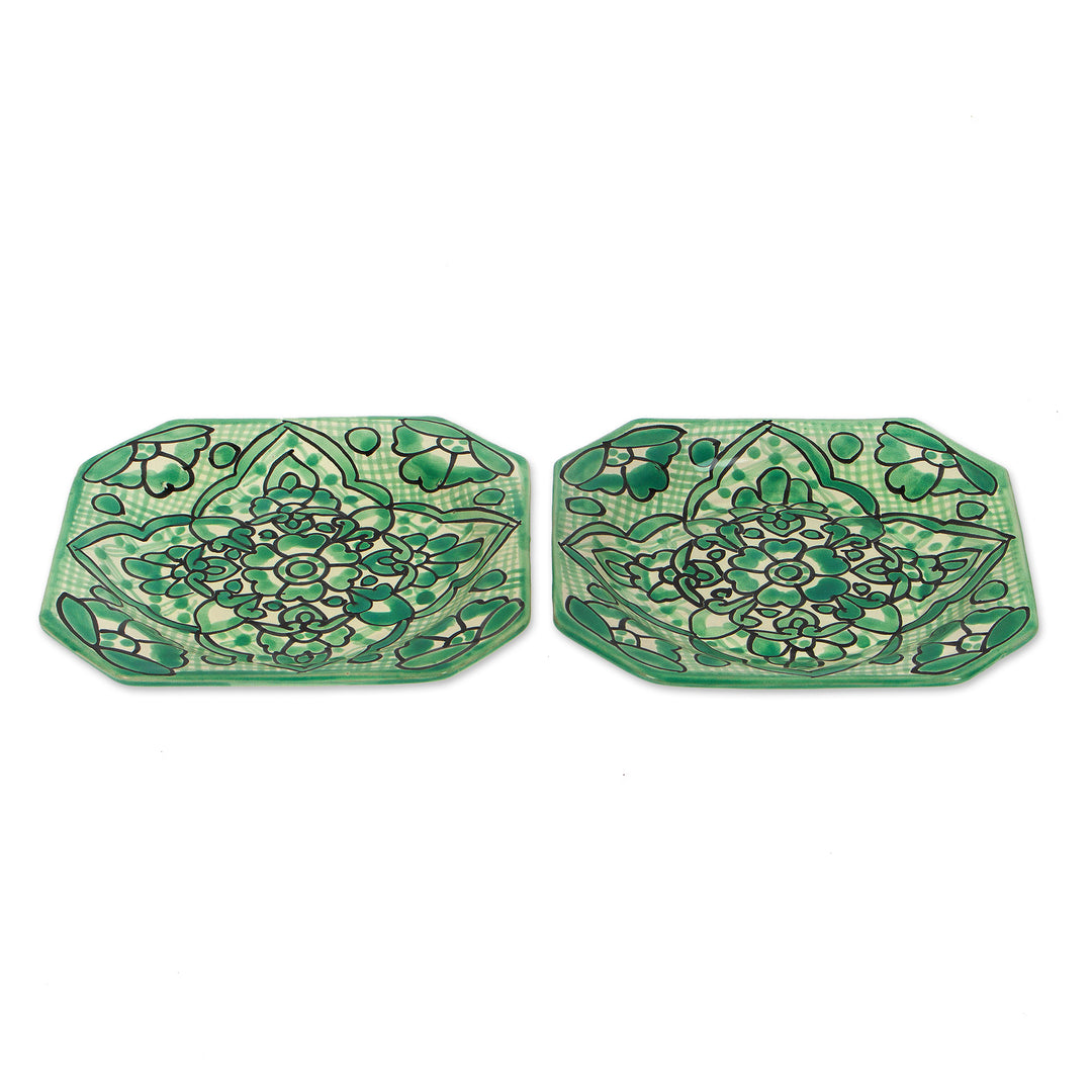 2 Floral Talavera Style Hand-Painted Ceramic Luncheon Plates - Mexican Blooms